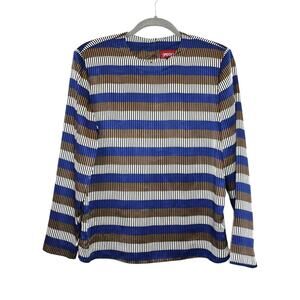 SASSON Vintage Blouse Size 8 Hong Kong Stripes Blue Brown Cream Black Top Shirt